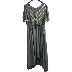 Jodifl Dress Womens 2X Green Faux Wrap Asymmetrical Maxi Embroidered Floral Boho